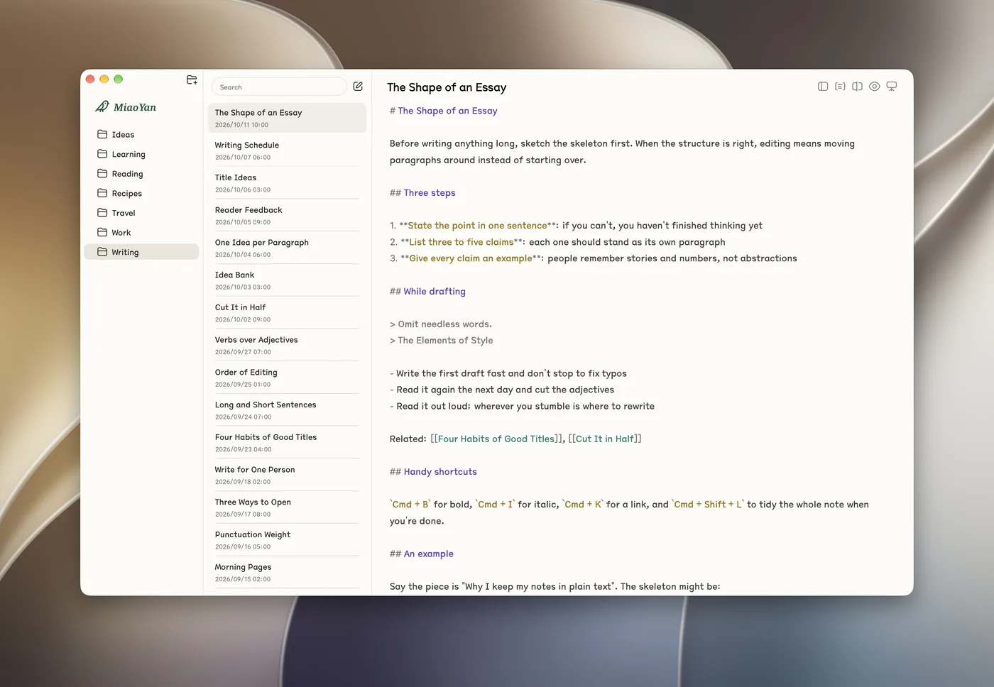 MiaoYan editando una nota Markdown con carpetas, lista de notas y resaltado de sintaxis