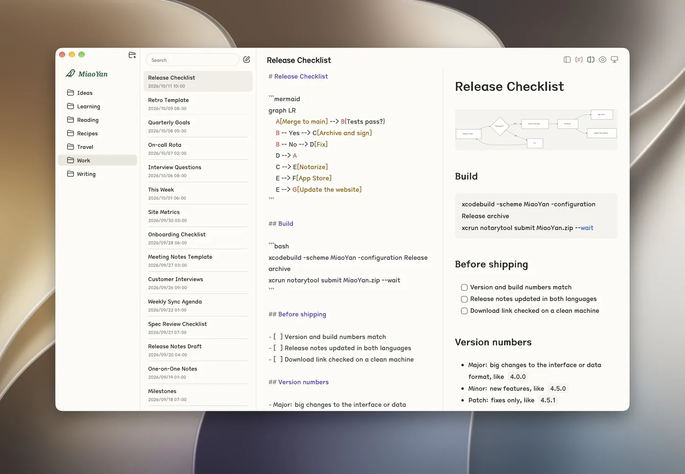 MiaoYan en vista dividida con Markdown a la izquierda y un diagrama Mermaid renderizado a la derecha