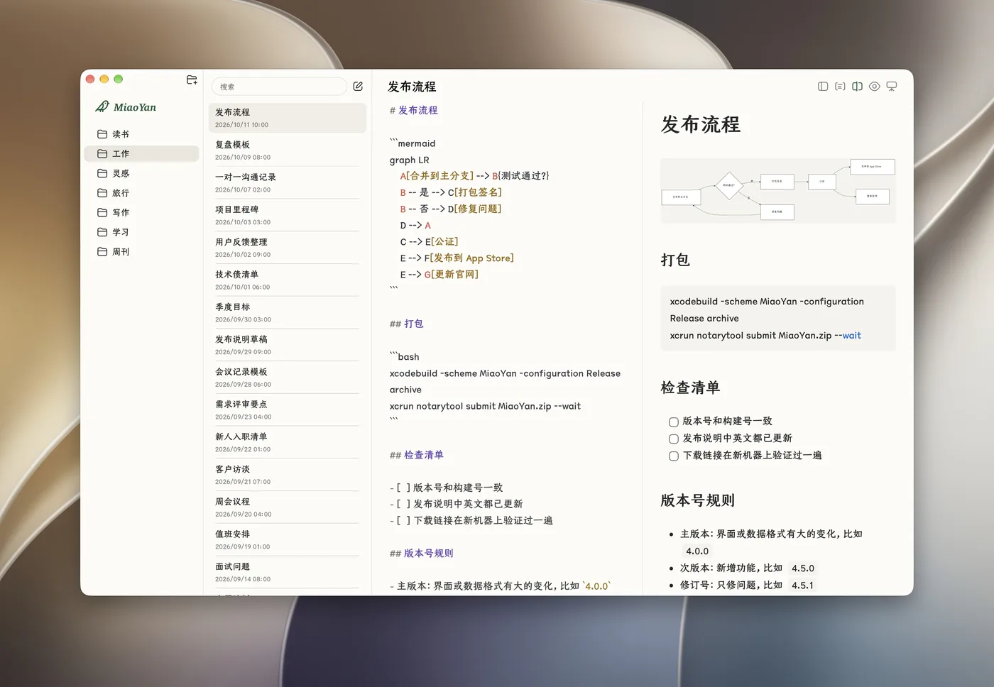 妙言分栏模式,左边是 Markdown,右边是渲染好的流程图